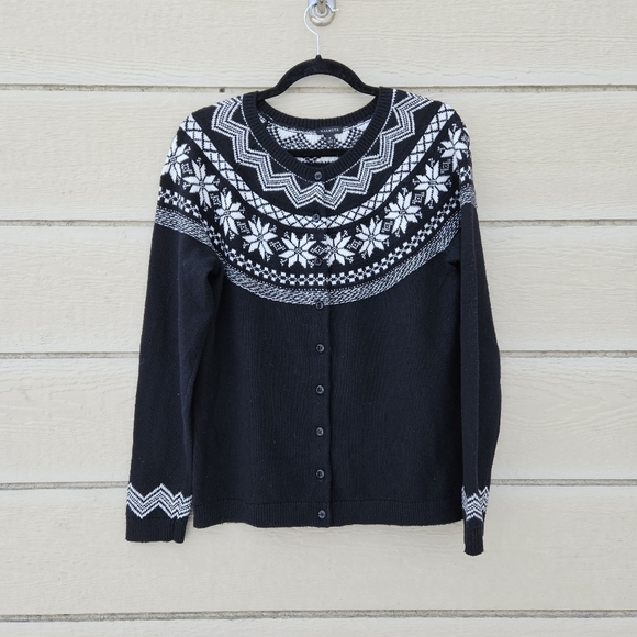 Talbots black and white fair isle cardigan sweater medium - Picture 1 of 4